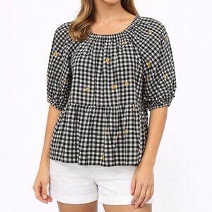 Old Navy Gingham Puff Sleeve Top | Black & White Daisy Embroidered | Size M